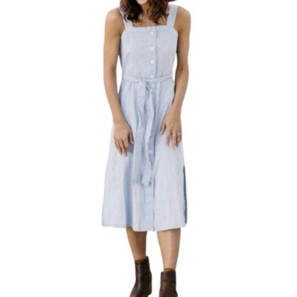 OAT New York Button Front Blue Striped Cotton Midi Dress Size Medium NWT